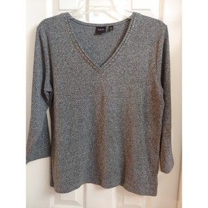Rafaella Embellished V-Neck Top - 3/4 Sleeve, Gray, Black, Size L